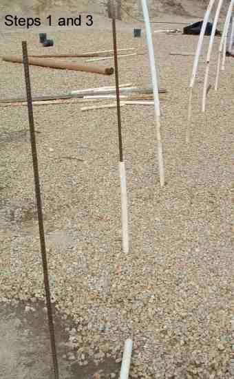 pound in your  6 foot long pieces of rebar every 4 feet, Slide the 20 inch pieces of PVC over the rebar stakes