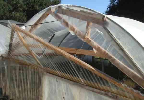 The end of a small polyethylene greenhouse.