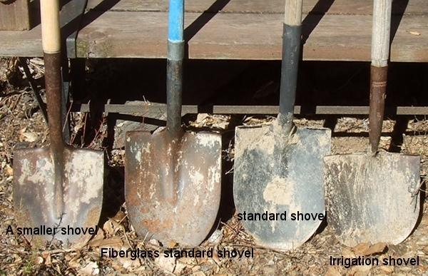 You'll find the smaller shovel, (7 inch wide), much easier and faster to work with. Either the straight shank irrigation shovel or a regular shovel. Not a trenching shovel.
