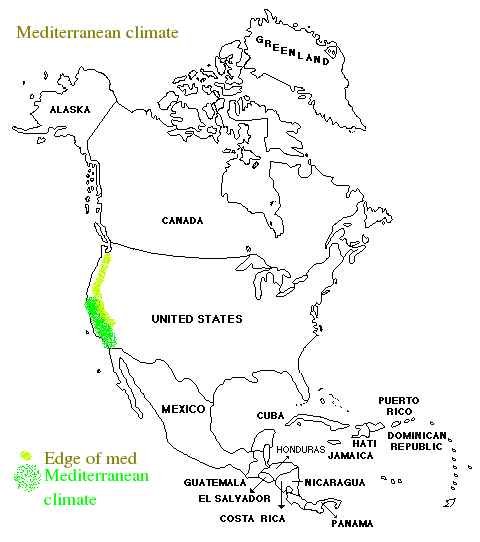 The mediterranean climate in North America is all California, but the edges can be very similar and are sometimes included.