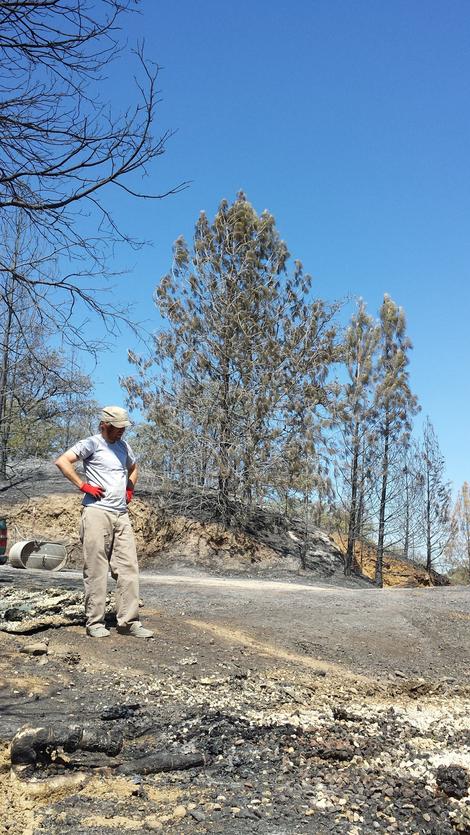 Ian standing over the remains of our melted water tank after 2016 fire. - grid24_12